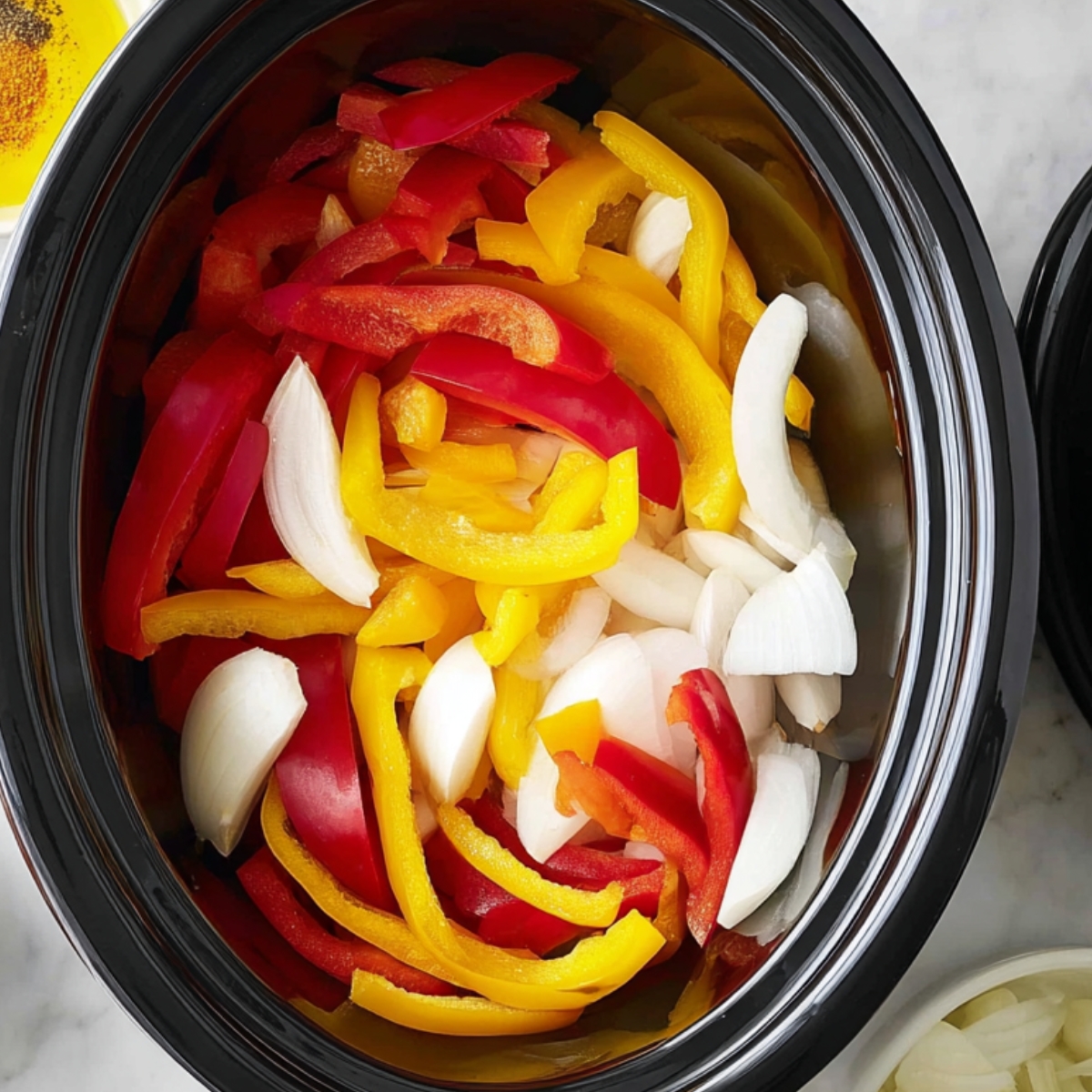Top-down view of a black slow cooker with sliced red and yellow bell peppers and white onions, topped with chunky tomato sauce and a mix of spices including chili powder, cumin, garlic, salt, and black pepper, ready to be cooked.