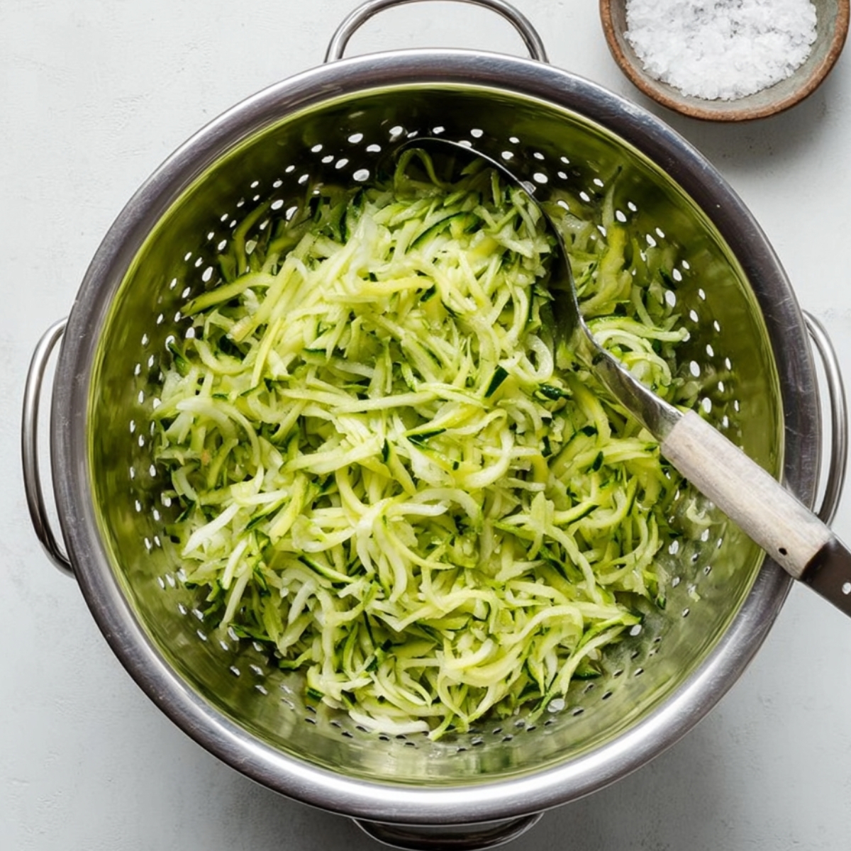 Shredded zucchini in a stainless steel colander with a spoon, placed on a white countertop, small bowl of coarse salt nearby, bright natural lighting, fresh green zucchini strands, top-down view, preparing ingredients for chickpea fritters.