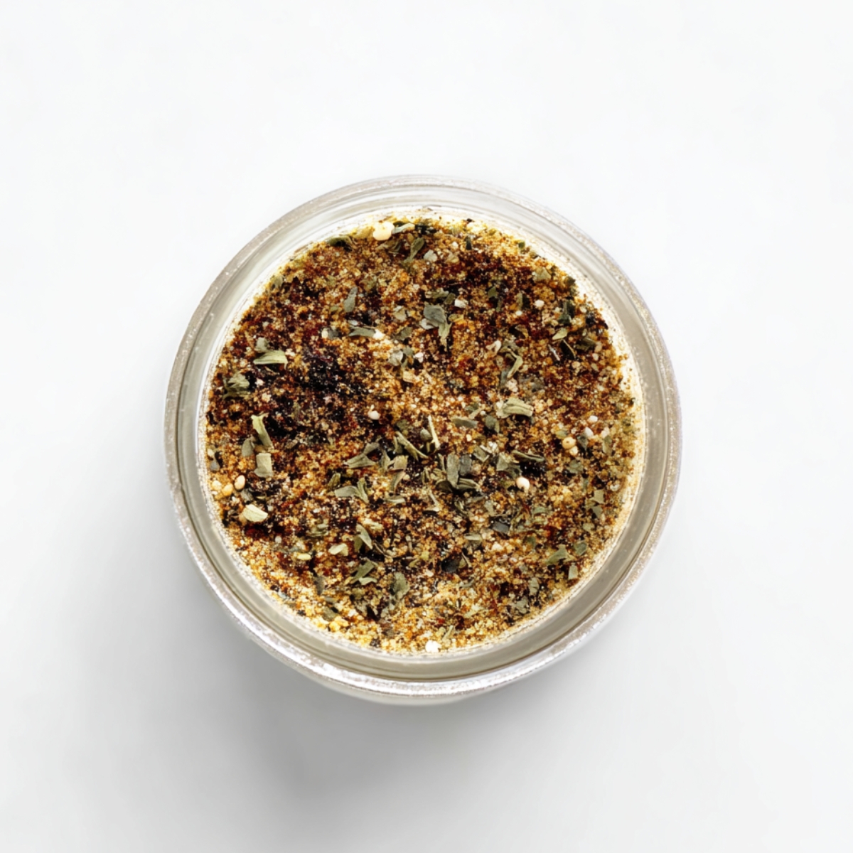 Top-down view of a small glass jar filled with a mixed spice blend, showing dried herbs and seasonings, on a clean white background.