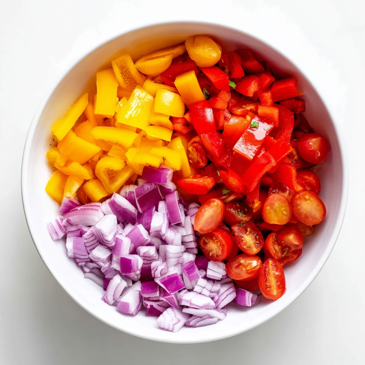 Top-down view of a white bowl filled with chopped red and yellow bell peppers, cherry tomatoes, and diced red onions, arranged in sections, on a white background.