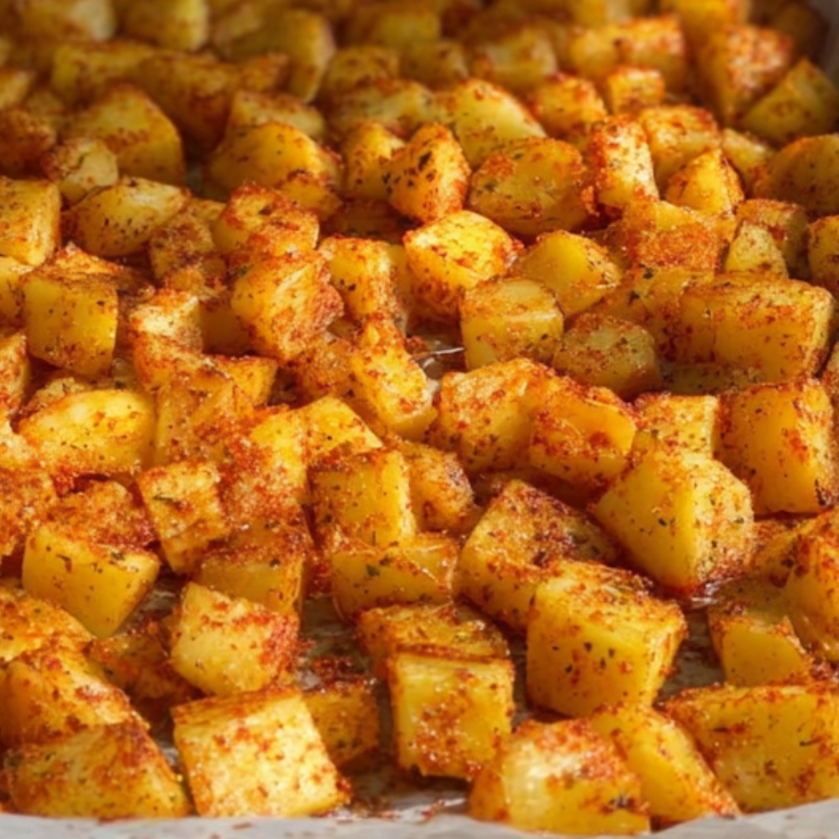Tray of cubed potatoes seasoned with spices, spread on parchment paper, roasting until golden and crispy, ready for baking.