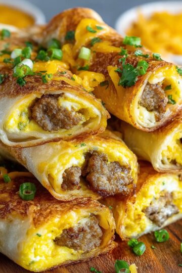 Golden-brown Sausage Egg Breakfast Roll-Ups stacked on a wooden board, topped with melted cheddar cheese and chopped green onions, with bowls of scrambled eggs and sauce blurred in the background."