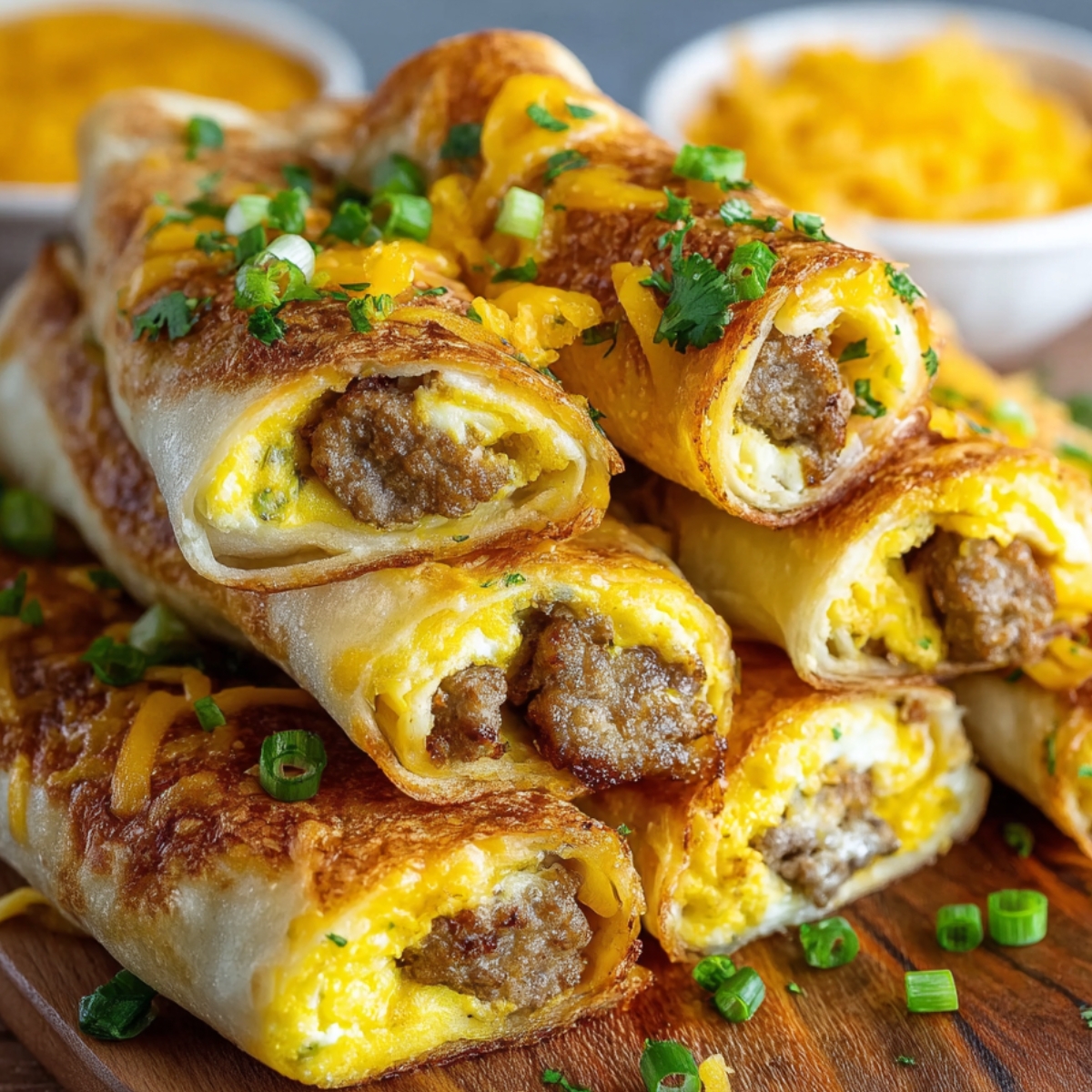 Golden-brown Sausage Egg Breakfast Roll-Ups stacked on a wooden board, topped with melted cheddar cheese and chopped green onions, with bowls of scrambled eggs and sauce blurred in the background."