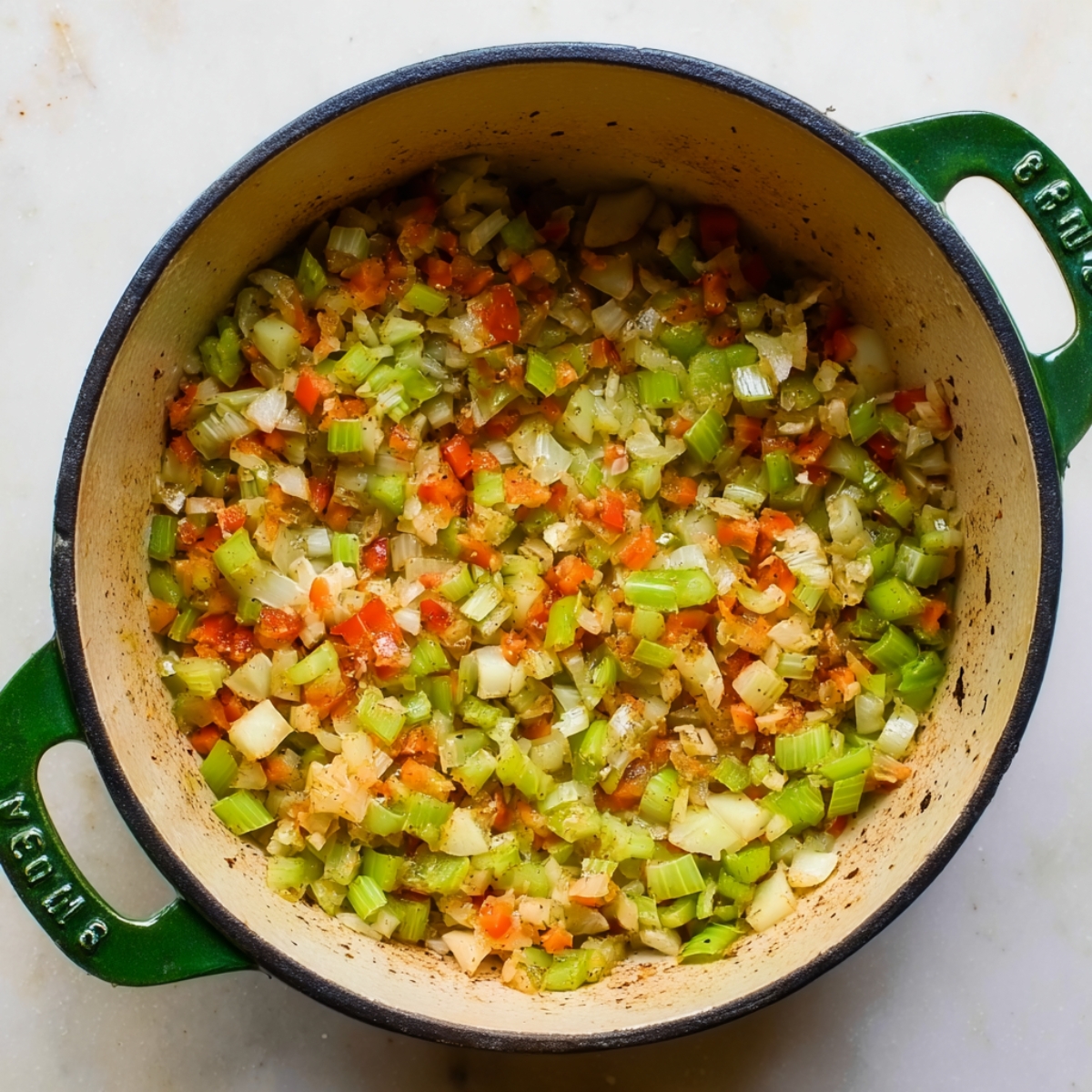 Top-down view of a green Dutch oven filled with sautéed diced vegetables for Cajun potato soup, including celery, onions, and red bell peppers, cooked until soft and slightly browned.