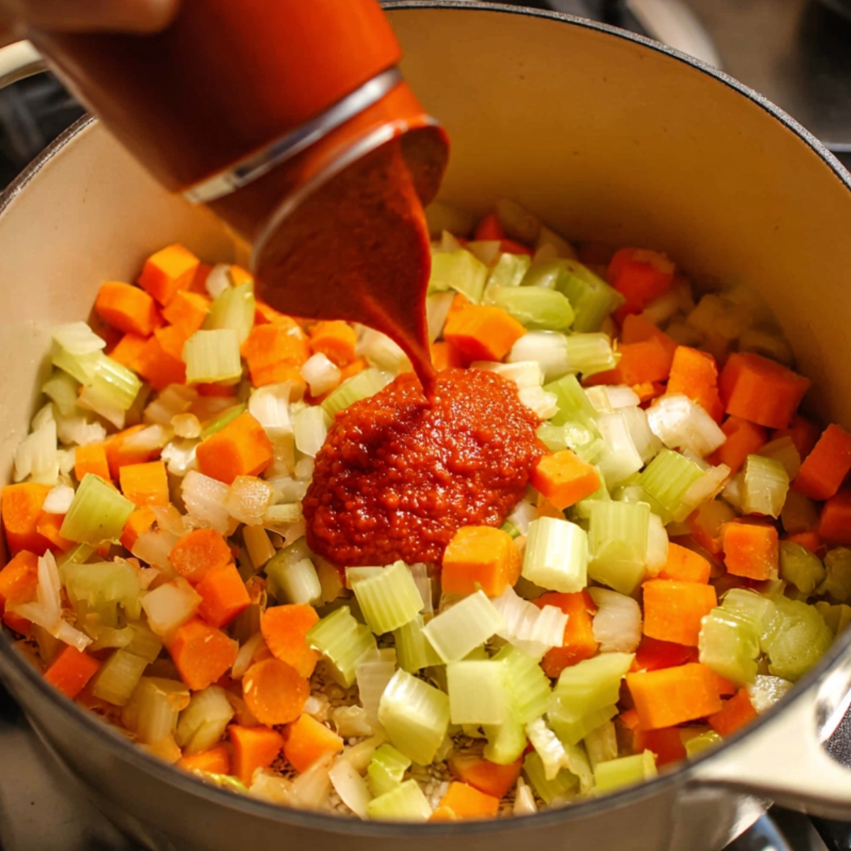 Tomato paste being added to a pot of sautéed vegetables including diced carrots, celery, and onions during soup preparation.