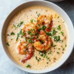 White bowl filled with creamy seafood bisque, topped with cooked shrimp, finely chopped chives, and a sprinkle of black pepper, overhead view, rich and smooth texture, appetizing presentation.