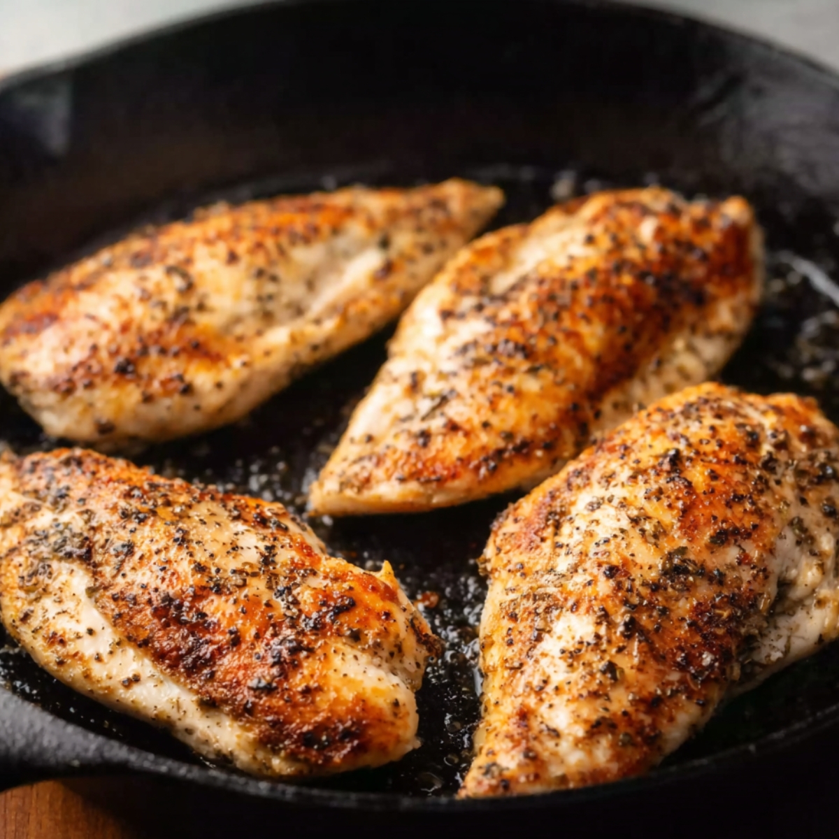 Four seasoned chicken breasts searing in a black cast iron skillet, golden brown and juicy, natural light, home cooking preparation.