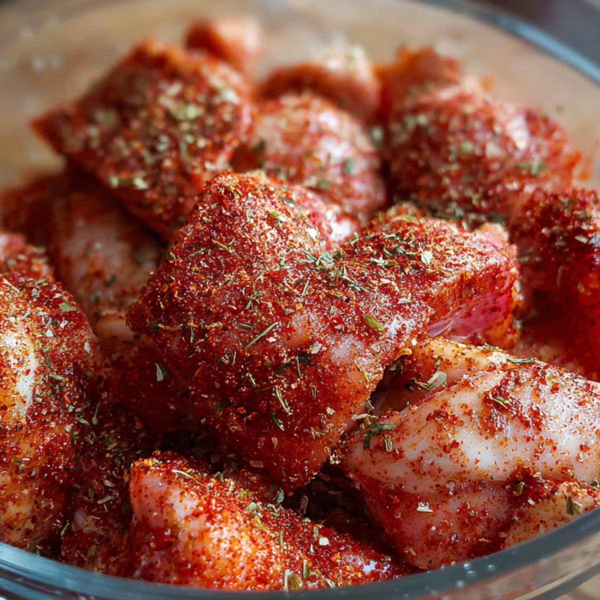 Raw chicken pieces in a glass bowl, coated with a vibrant mix of red spices and dried herbs, ready for marination or cooking. The seasoning creates a textured, colorful coating on the chicken.