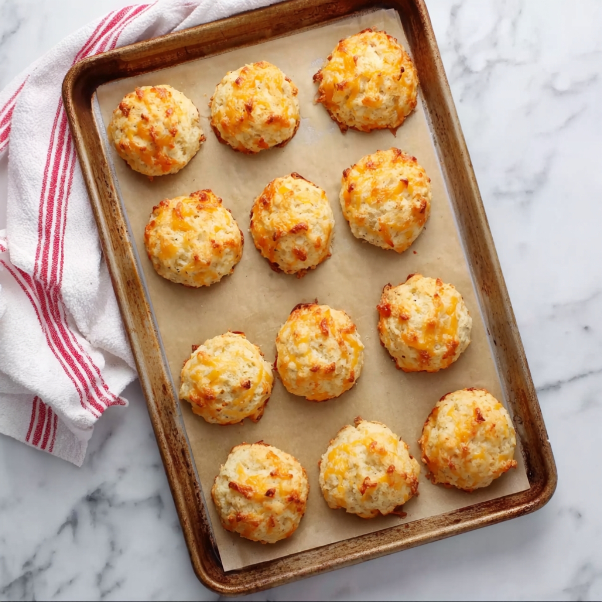 Freshly baked cheddar cheese biscuits arranged on a parchment-lined baking sheet, golden brown on top, with a red-striped kitchen towel beside the tray.