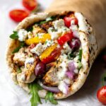 Close-up of a Mediterranean-style Sheet Pan Chicken Pitas filled with grilled chicken, red and yellow bell peppers, cherry tomatoes, red onions, olives, arugula, and crumbled feta cheese, drizzled with creamy sauce, on white parchment with cherry tomatoes and arugula leaves in the background.