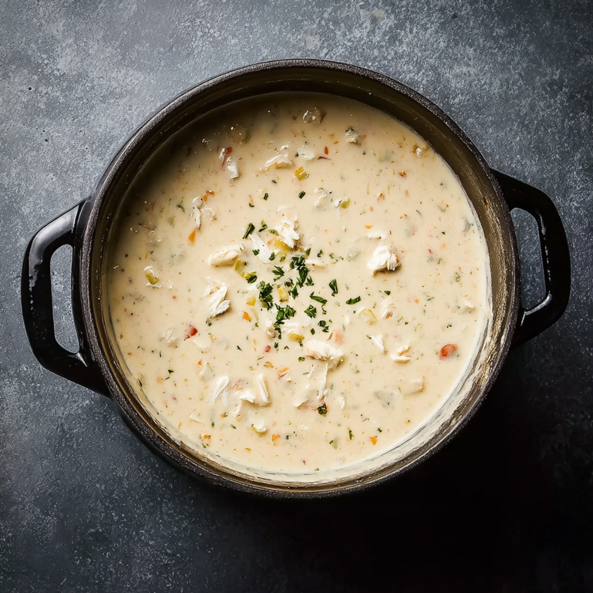 Overhead view of a black pot filled with creamy seafood bisque, simmering on the stove, chunks of seafood visible, garnished with chopped fresh herbs, foamy texture on top, high detail, cooking preparation scene.