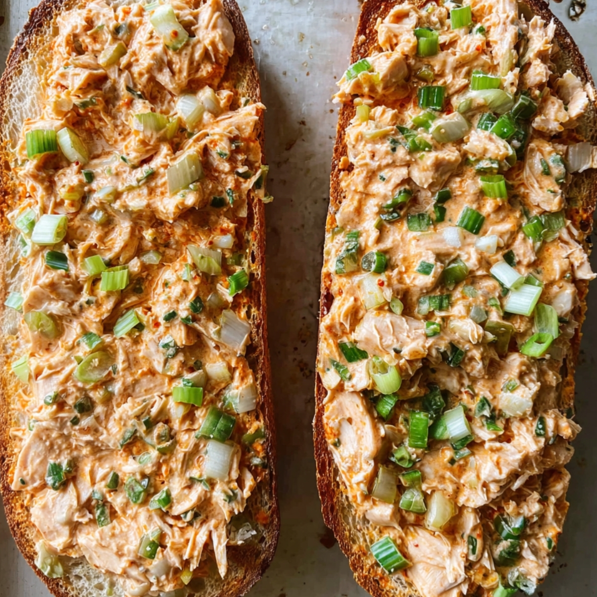 Top-down view of two French bread halves spread with creamy buffalo chicken mixture, including diced green onions, on a baking sheet.