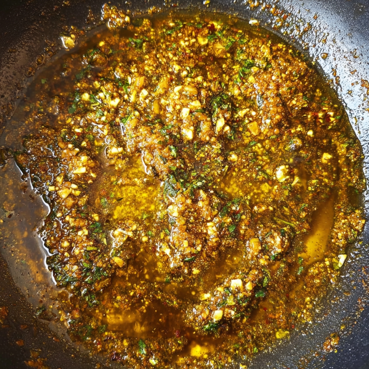 A close-up of a skillet with garlic, herbs, and spices sizzling in oil, forming the base of a flavorful sauce. The mixture has a rich golden-brown color with visible bits of minced garlic and chopped herbs.