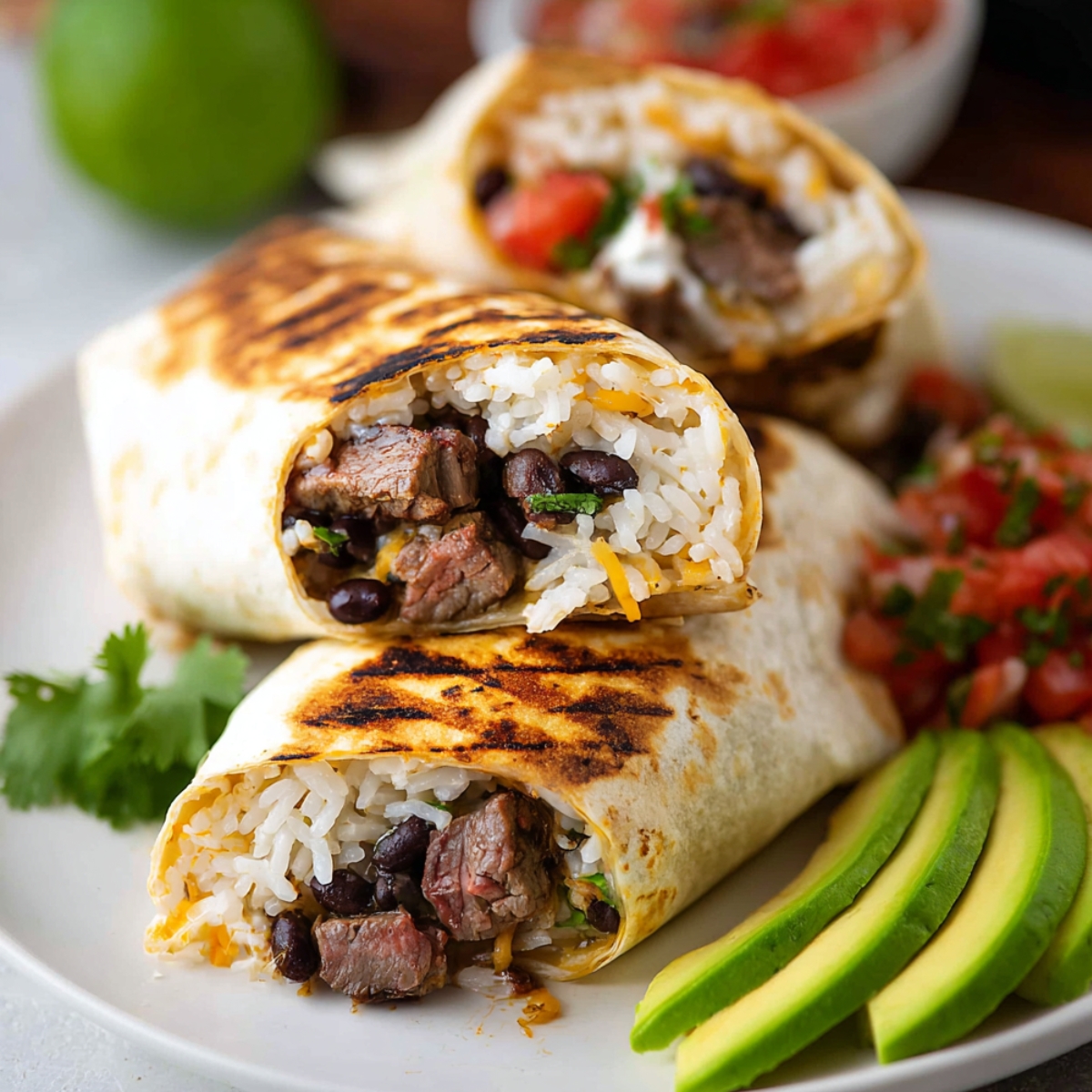 Close-up of a sliced Steak Burrito on a plate, filled with steak, rice, black beans, and melted cheese, with a side of pico de gallo and sliced avocado.