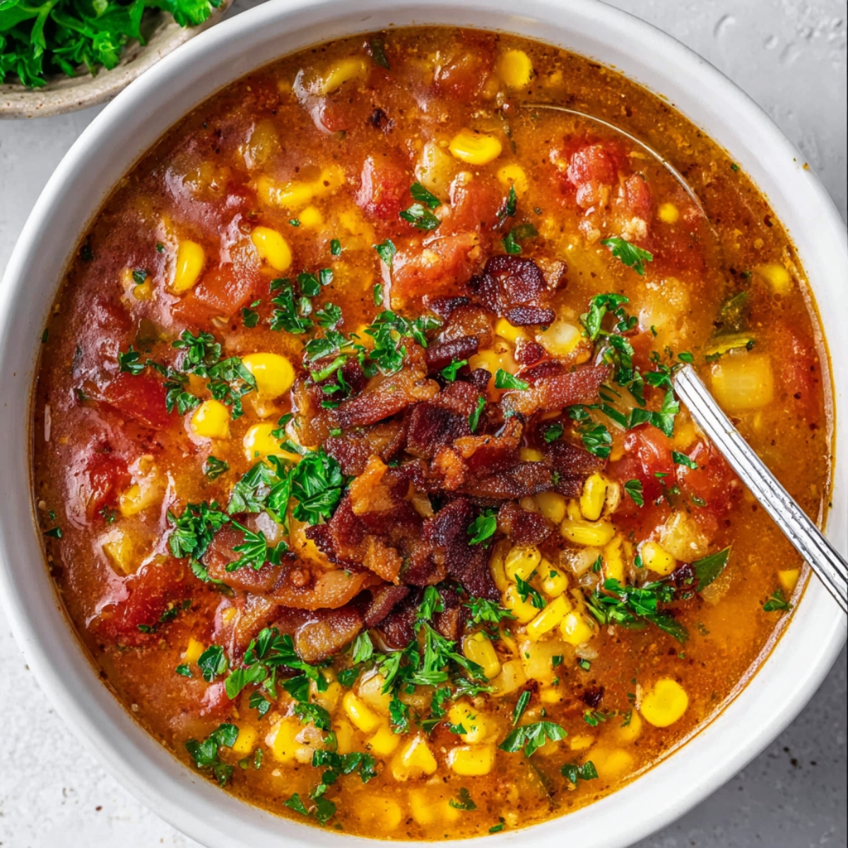 White bowl of tomato corn chowder garnished with crispy bacon, chopped parsley, and corn, with a spoon partially dipped in the soup, bright and appetizing presentation.
