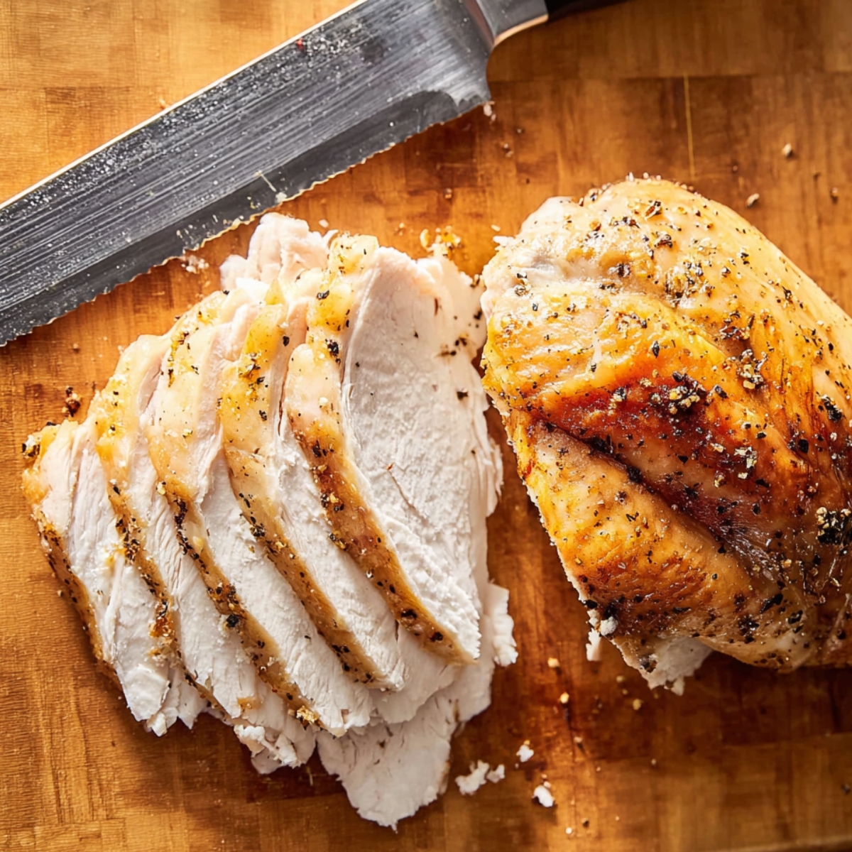 A partially sliced roasted chicken breast on a wooden cutting board, seasoned with black pepper and herbs, with a serrated knife nearby.