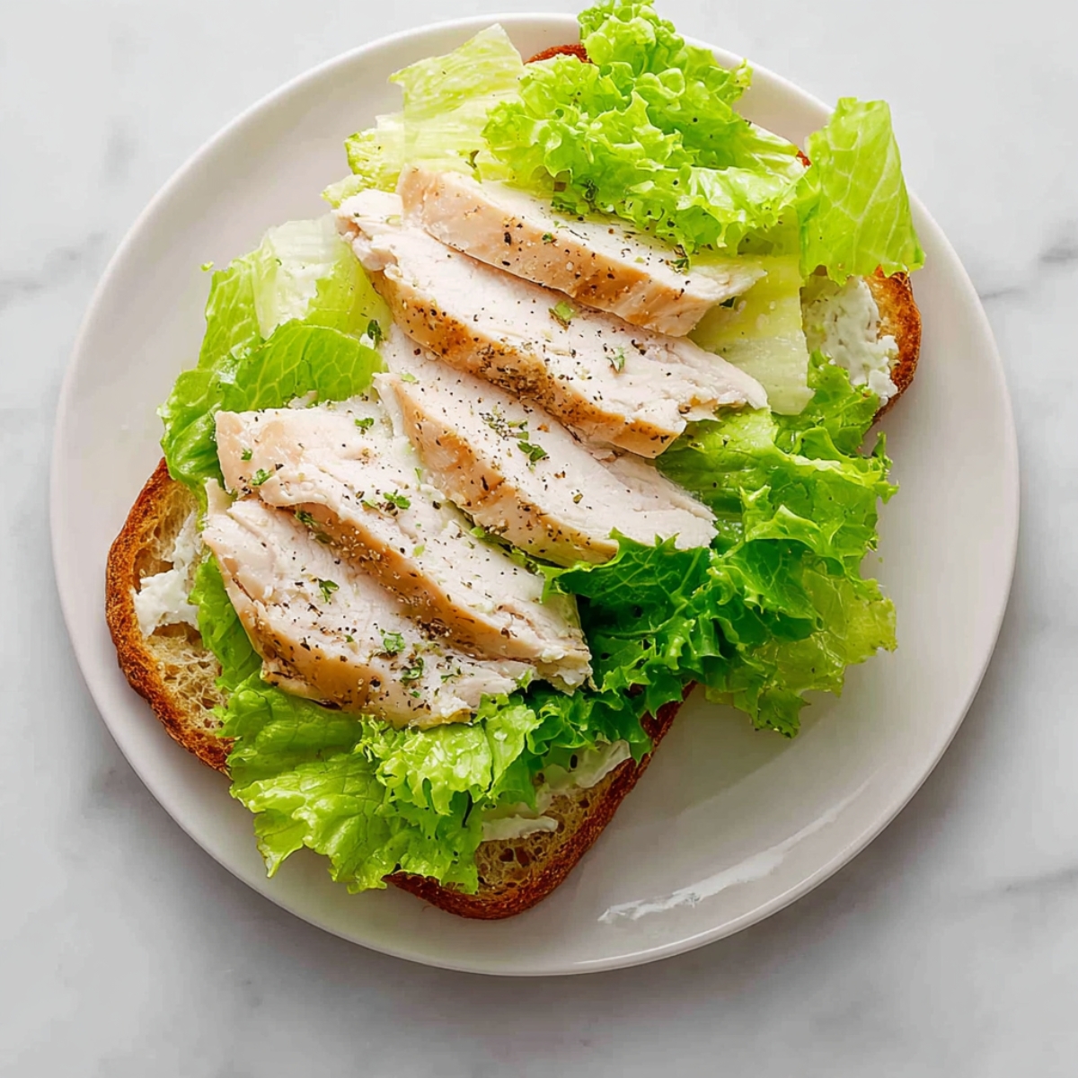 An open-faced chicken sandwich on a plate, featuring sliced grilled chicken breast, fresh green lettuce, and a spread on toasted bread.