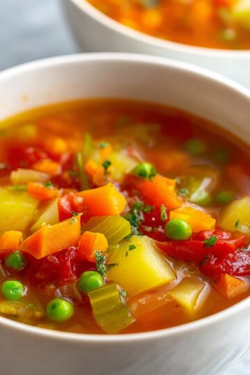 A bowl of hearty vegetable soup with carrots, potatoes, celery, peas, and tomatoes in a light tomato broth.