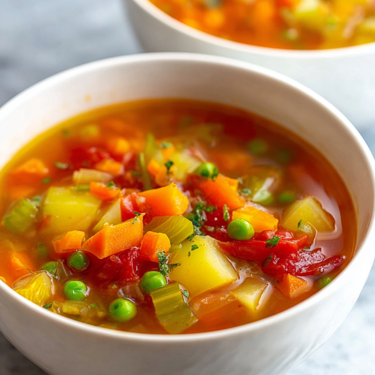 A bowl of hearty vegetable soup with carrots, potatoes, celery, peas, and tomatoes in a light tomato broth.