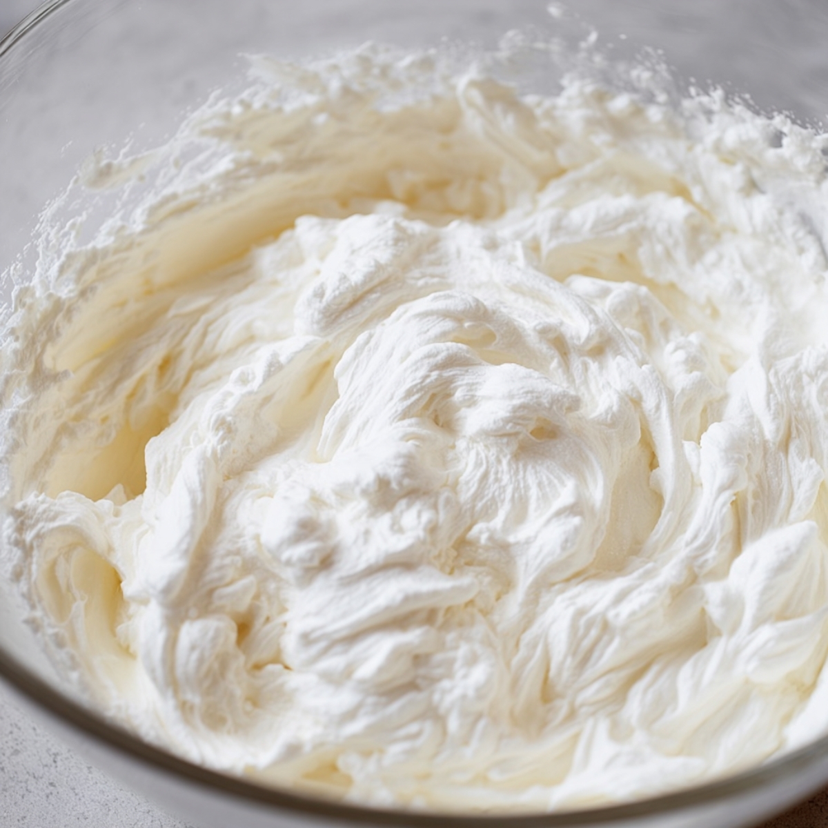 Close-up of freshly whipped cream in a mixing bowl, showing its light, fluffy texture and soft peaks with a bright white color.