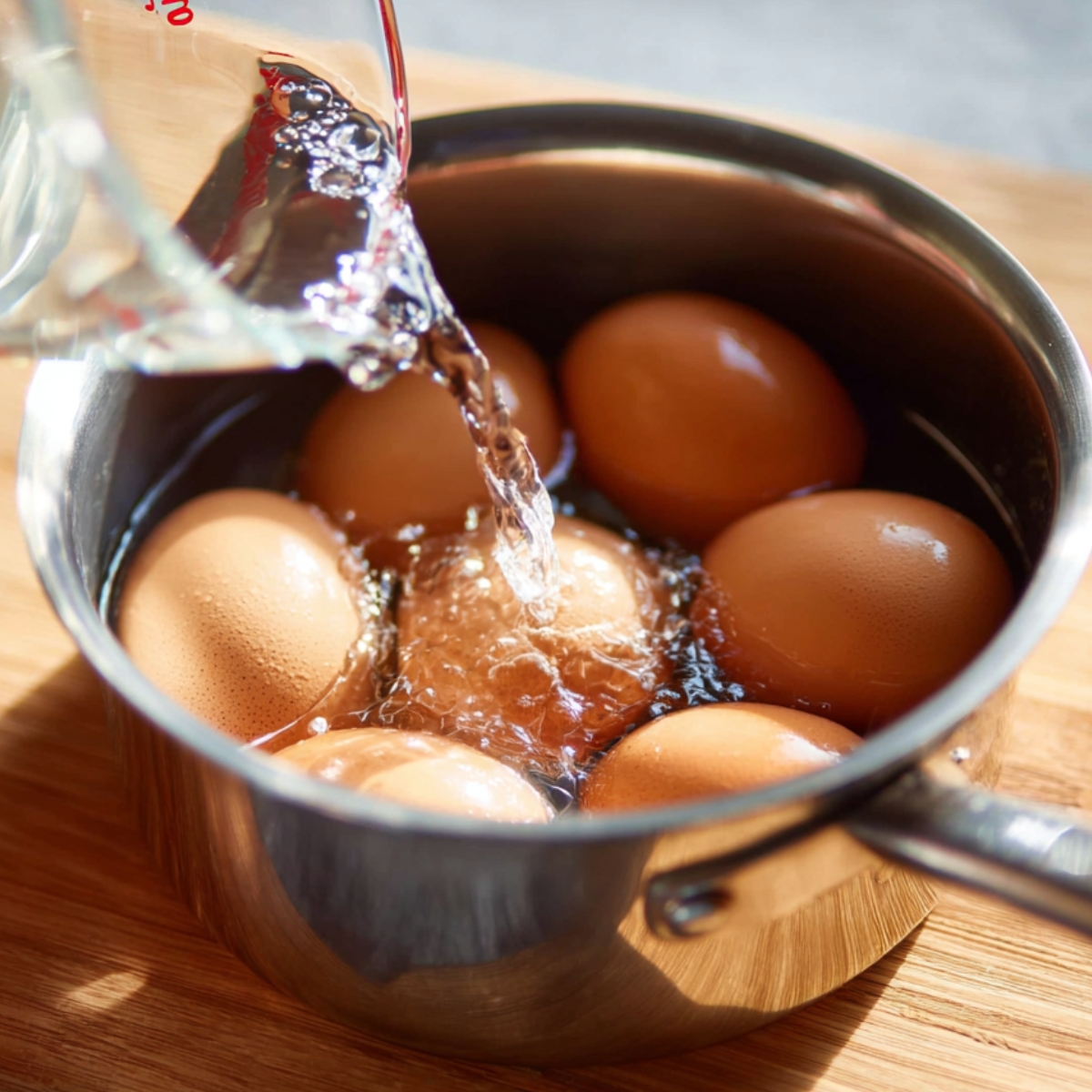 Hot water being poured into a metal pot filled with brown eggs, preparing them for boiling on a wooden surface.