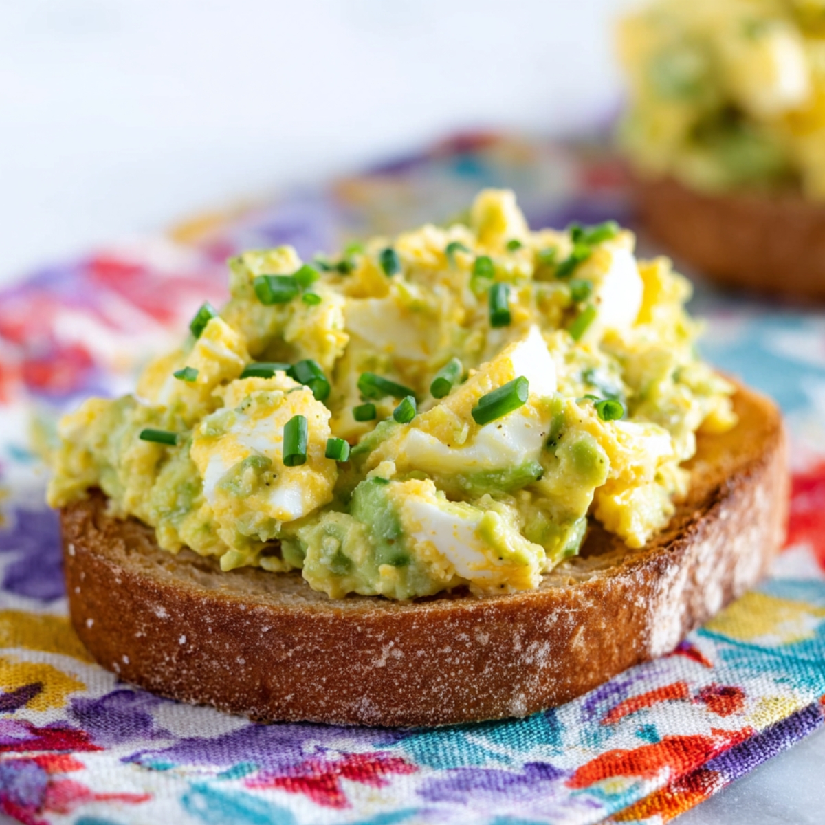 Avocado egg salad served on a slice of toasted bread, garnished with chopped chives on a colorful cloth.