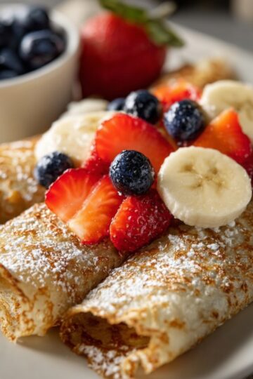 Rolled oatmeal crepes topped with sliced strawberries, banana, blueberries, and powdered sugar on a white plate.